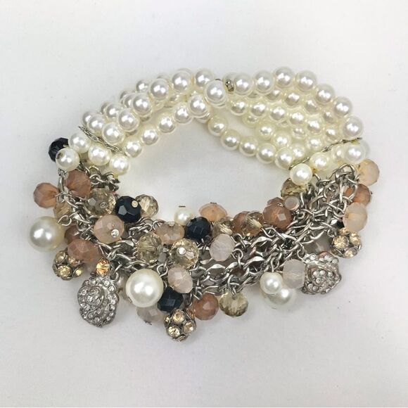 Taupe Blush Bead Rhinestone White Pearl Multi Strand Dangle Stretch Bracelet - Picture 4 of 9